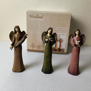 Woodland Collection Angel Trio Figurines Hand- Painted Resin Wood-Carved Look